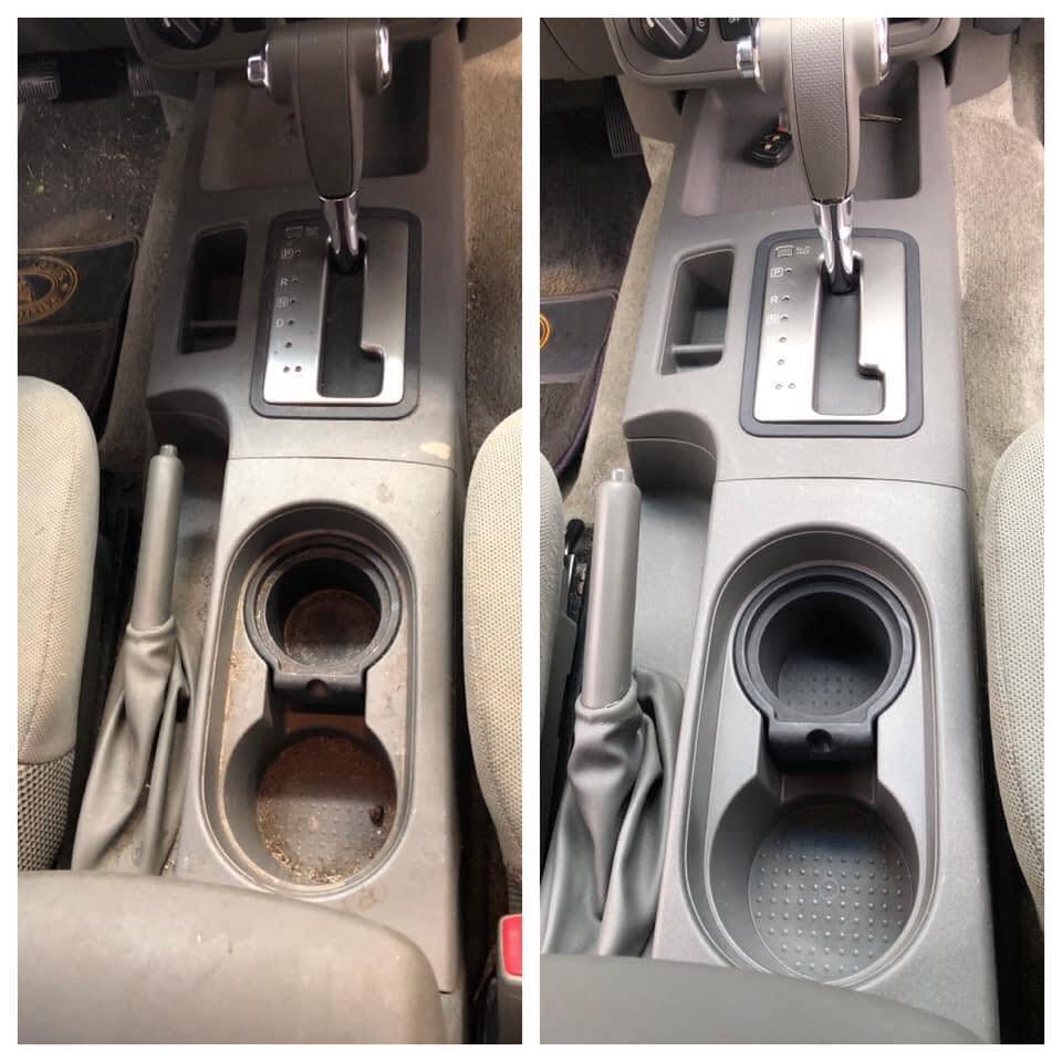 Center console and cup holders before and after cleaning