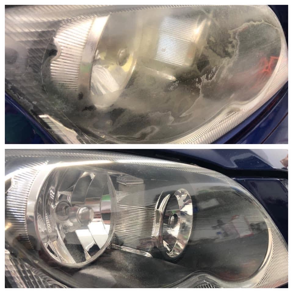 Hazy headlight before and after polishing