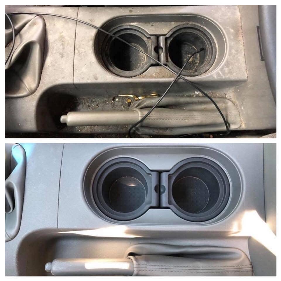 Cup holders and shifter area before and after cleaning