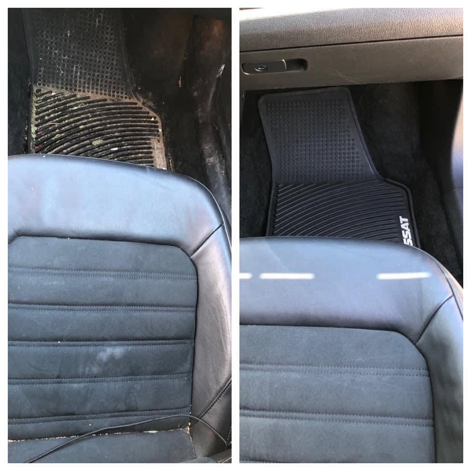 Driver seat and floor mat before and after an interior detail