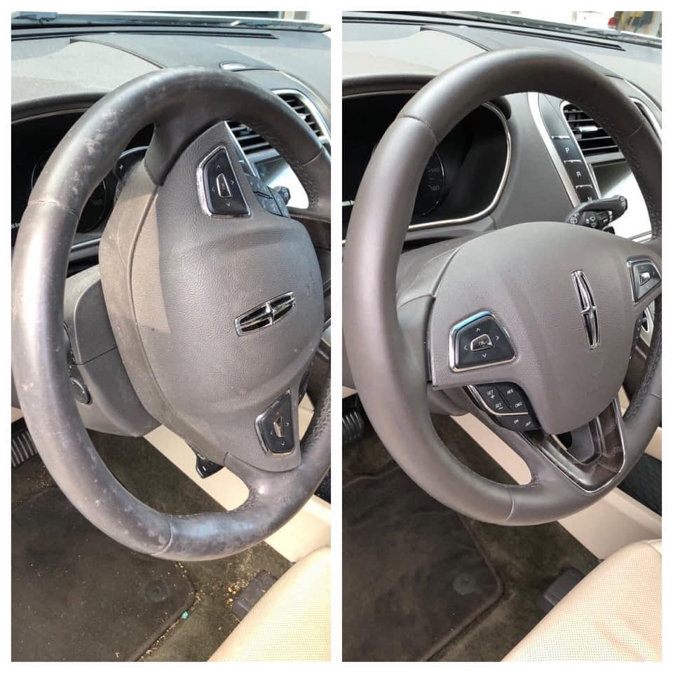 Steering wheel and dash before and after cleaning