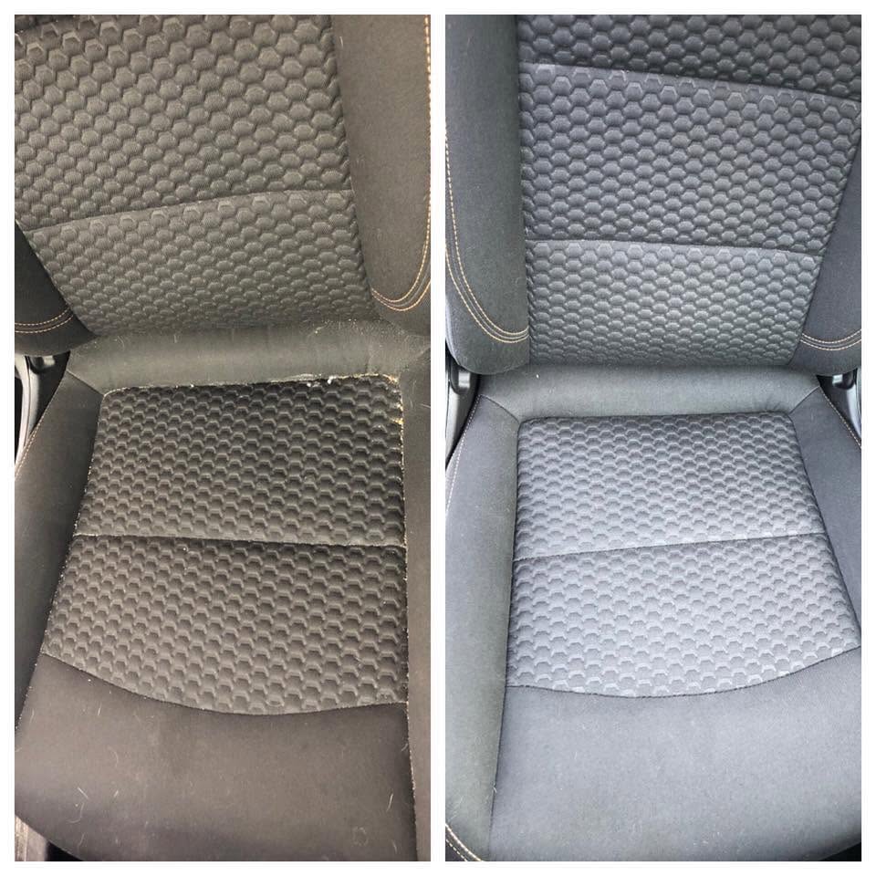 Cloth car seat before and after a full interior detail