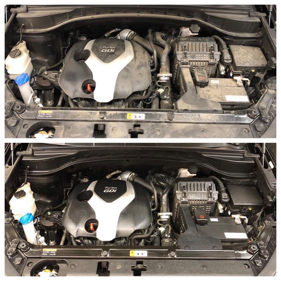 Engine bay before and after an engine cleaning
