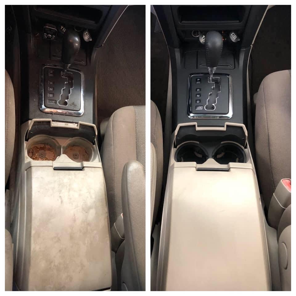 Center console and cup holders before and after a deep clean