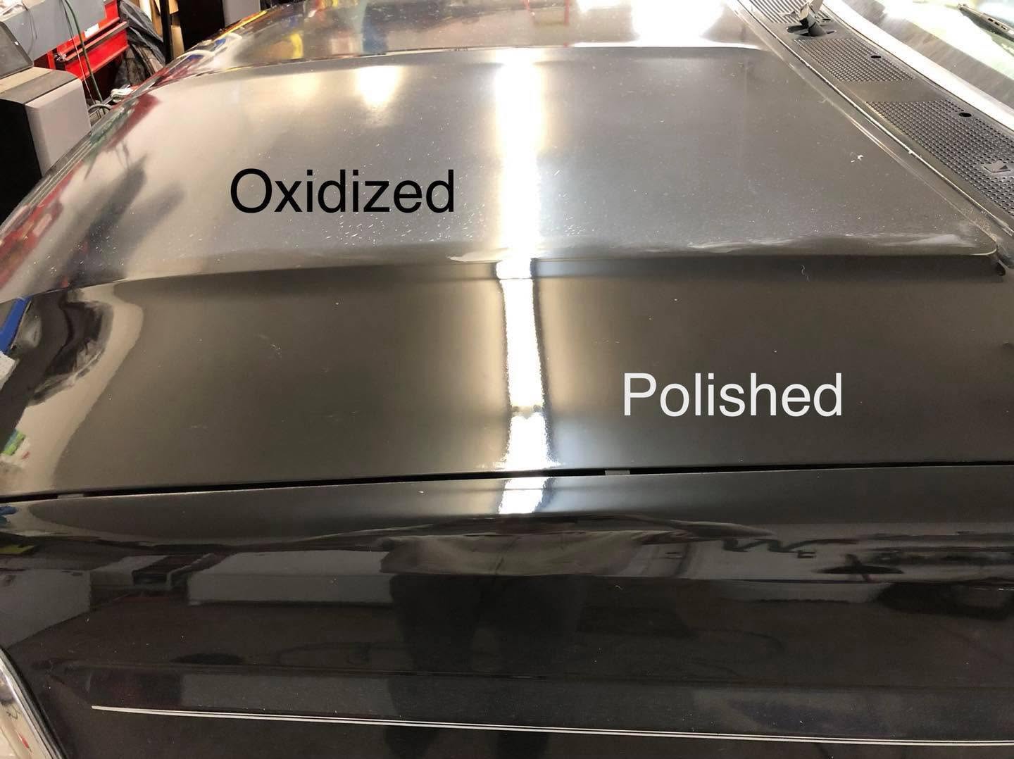 Car hood showing oxidized paint next to polished paint